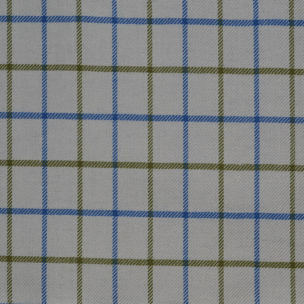 White with Blue & Olive Green Check Cotton Shirting