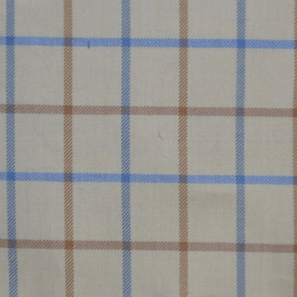 White with Tan & Sky Blue Check Cotton Shirting