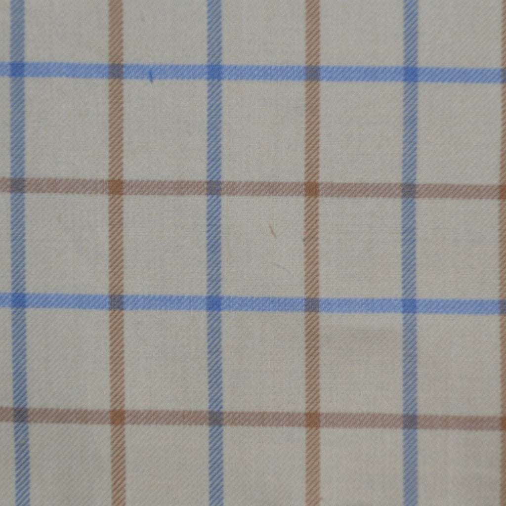 White with Tan & Sky Blue Check Cotton Shirting