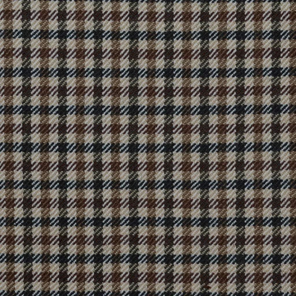 Beige, Brown and Navy Blue Small Check All Wool Jacketing