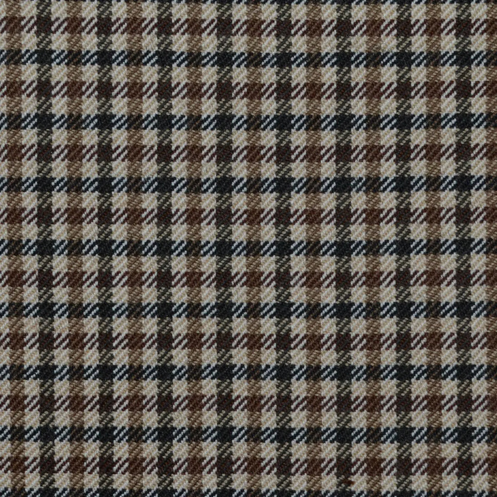 Beige, Brown and Navy Blue Small Check All Wool Jacketing