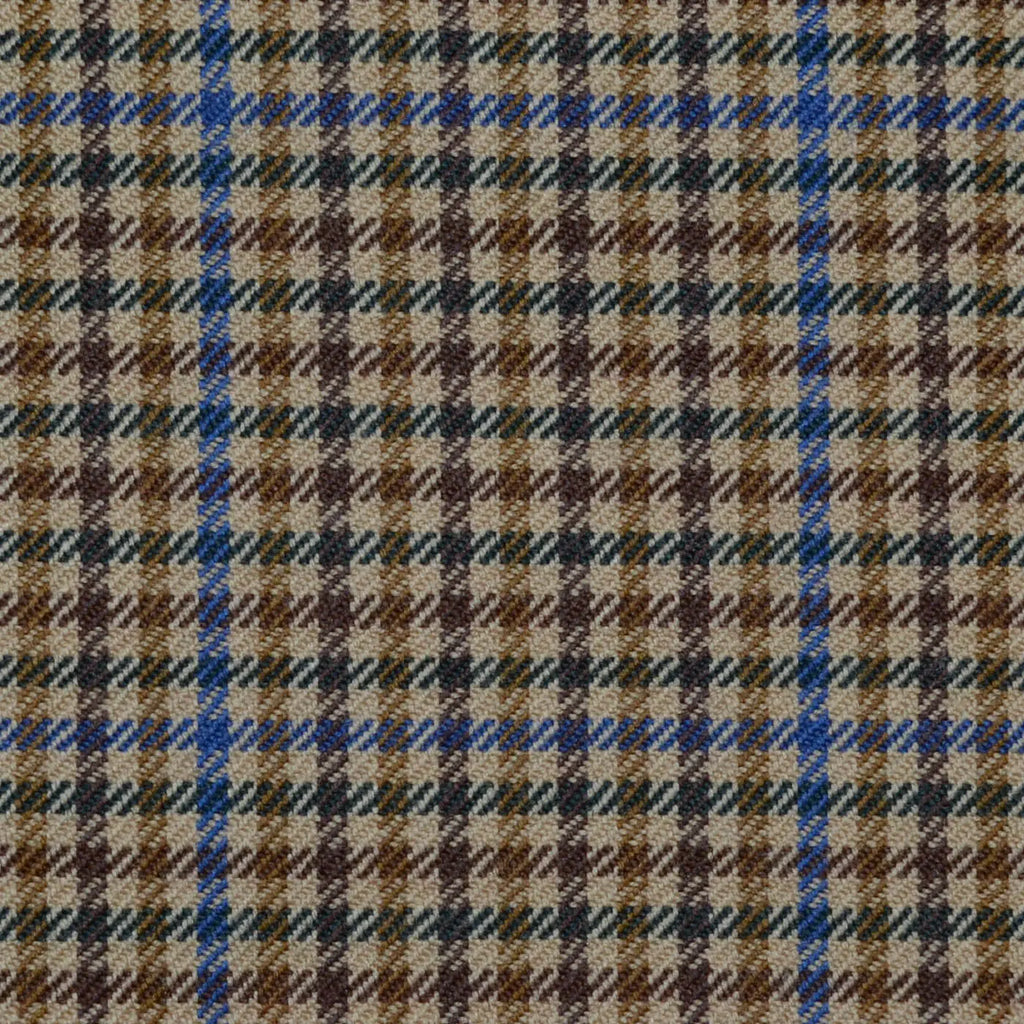 Sand, Brown and Bright Blue Small Check All Wool Jacketing