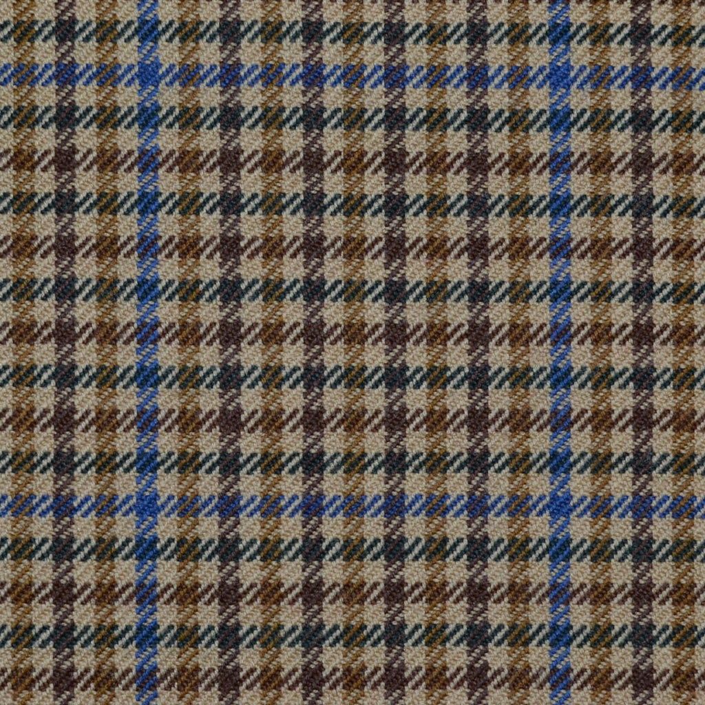 Sand, Brown and Bright Blue Small Check All Wool Jacketing