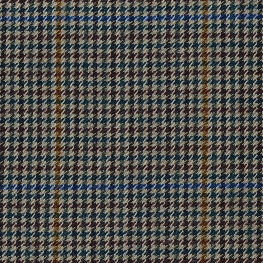 Beige and Bright Blue with Green & Tan Dogtooth Check All Wool Jacketing