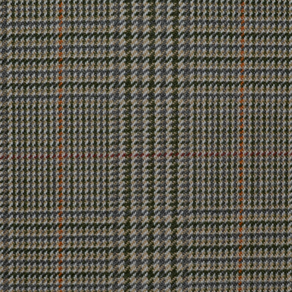 Sage Green with Red & Orange Prince of Wales Check All Wool Jacketing