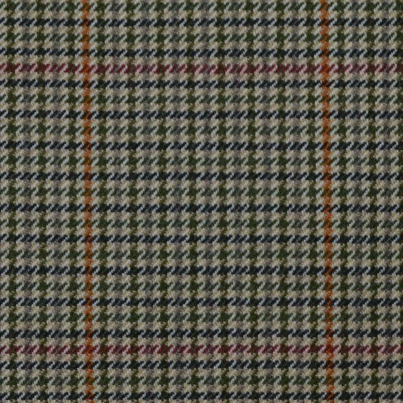 Sage Green and Beige Dogtooth with Red & Orange Window Check All Wool Jacketing