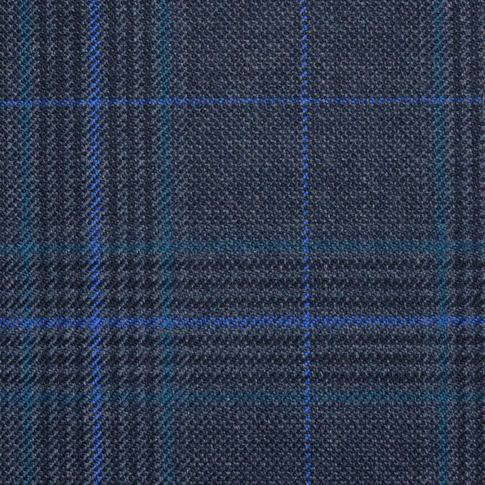 Navy Blue and Medium Blue with Bright Blue & Turquoise Glen Check All Wool Jacketing