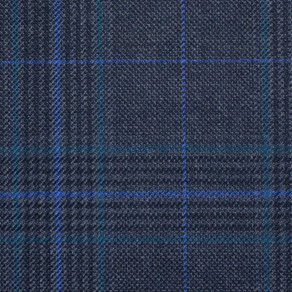 Navy Blue and Medium Blue with Bright Blue & Turquoise Glen Check All Wool Jacketing