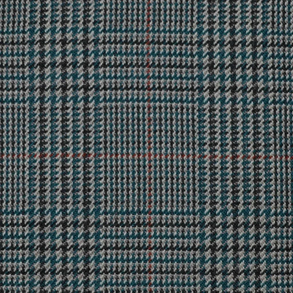 Light Grey and Medium Blue with Orange & Red Glen Check All Wool Jacketing