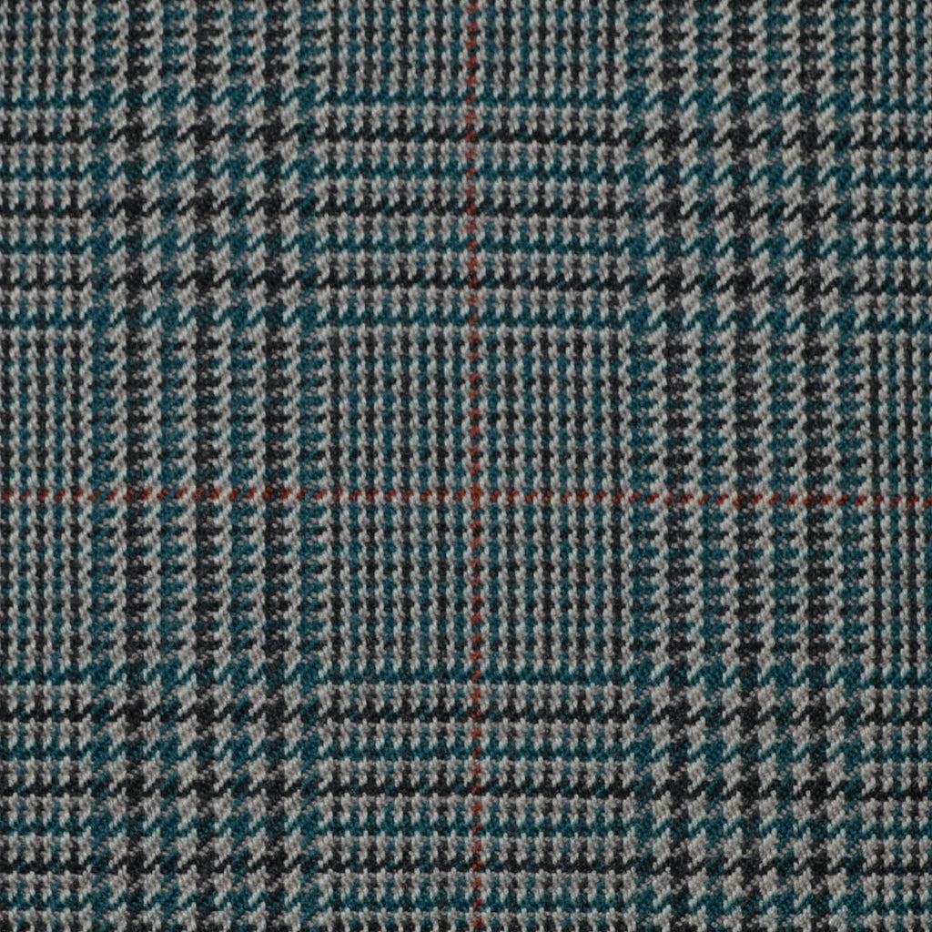 Light Grey and Medium Blue with Orange & Red Glen Check All Wool Jacketing