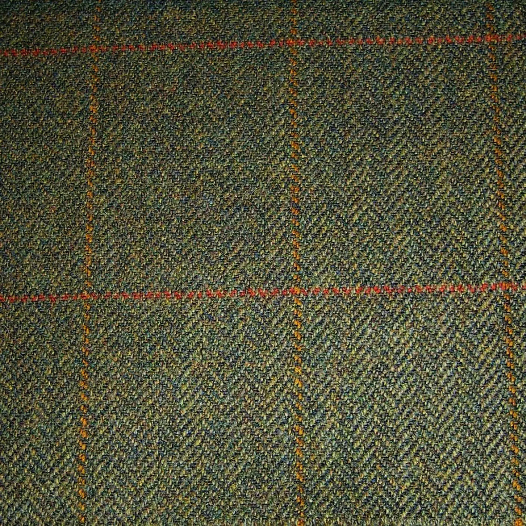 Green Herringbone with Orange & Red Check Tweed