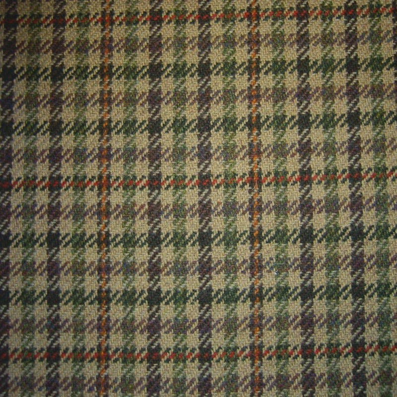 Beige with Green, Navy, Orange & Red Dogtooth Check Tweed