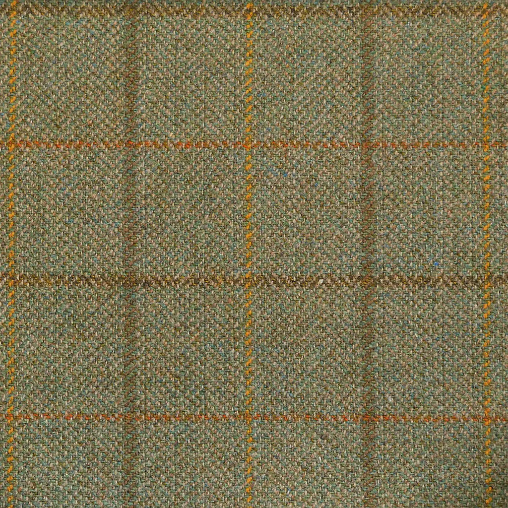 Light Green Herringbone with Orange, Brown & Yellow Check Tweed