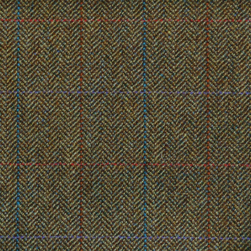 Green & Brown Herringbone with Blue, Purple, Orange & Red Check Tweed