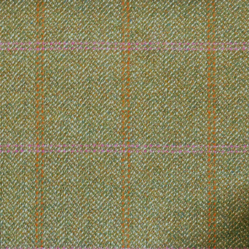 Light Green Herringbone with Pink & Orange Check Tweed