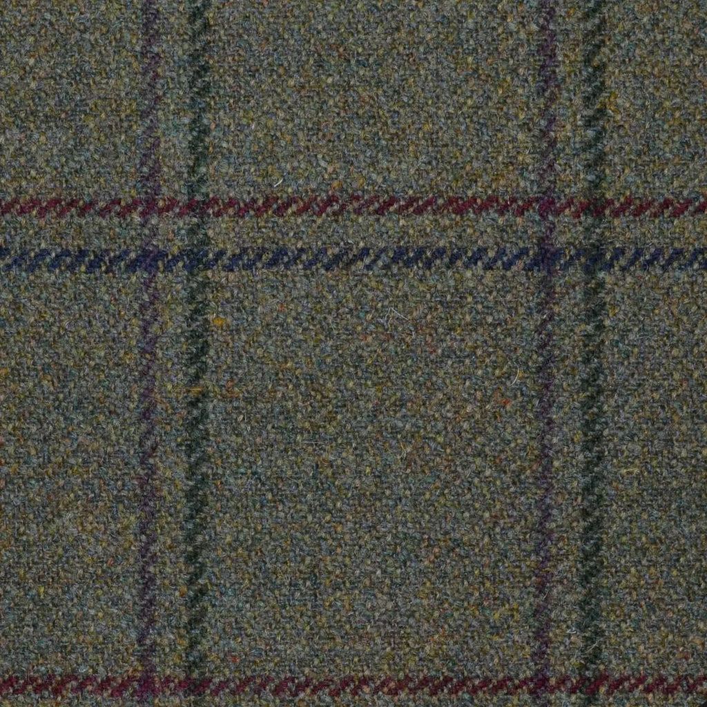 Moss Green with Blue, Burgundy, Dark Green & Plum Twin Check All Wool Sporting Tweed