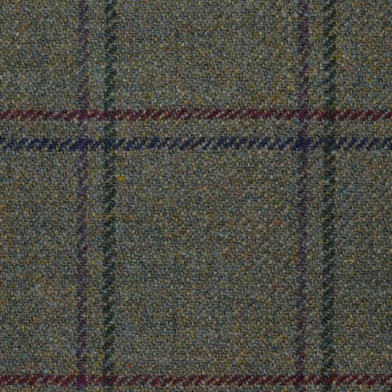 Moss Green with Blue, Burgundy, Dark Green & Plum Twin Check All Wool Sporting Tweed