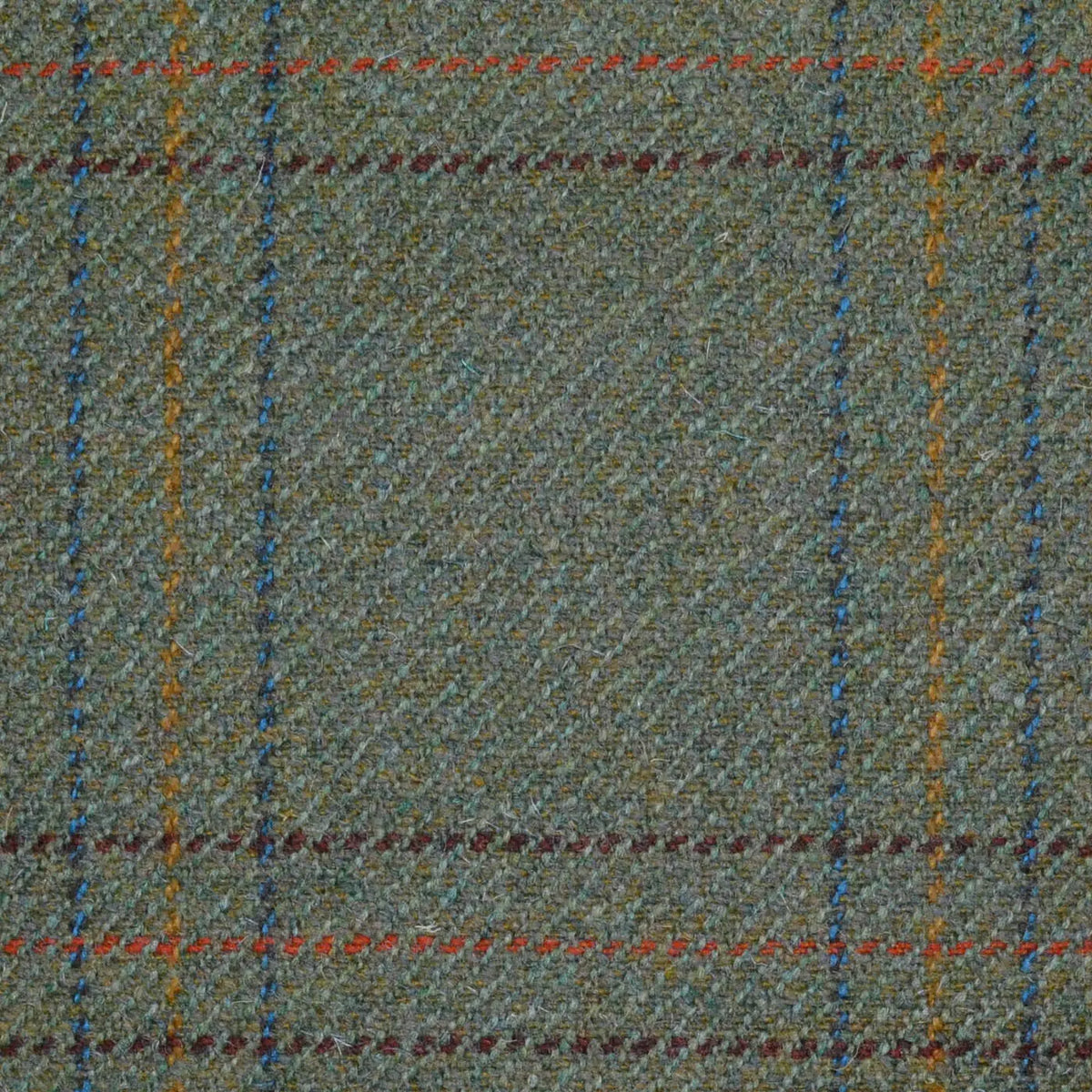 Moss Green with Orange, Blue, Brown & Amber Triple Check All Wool Sporting Tweed