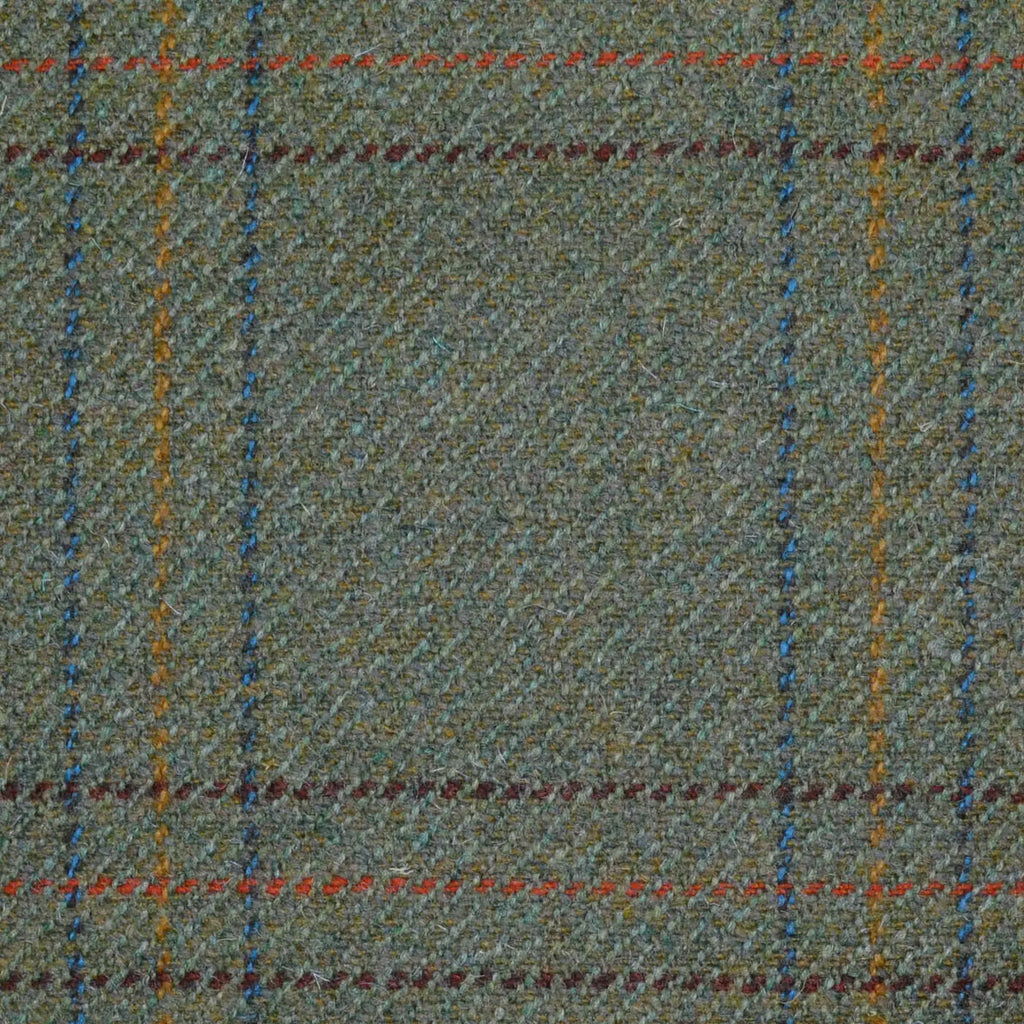 Moss Green with Orange, Blue, Brown & Amber Triple Check All Wool Sporting Tweed