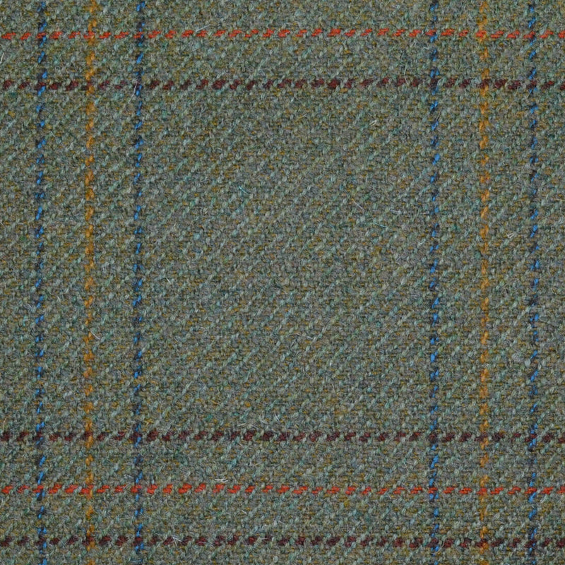 Moss Green with Orange, Blue, Brown & Amber Triple Check All Wool Sporting Tweed