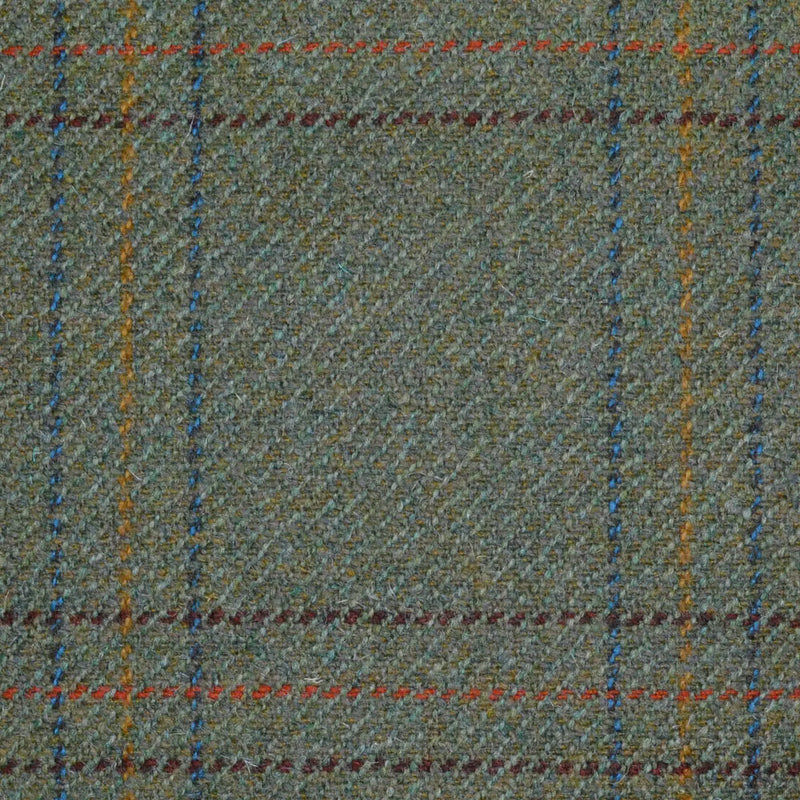 Moss Green with Orange, Blue, Brown & Amber Triple Check All Wool Sporting Tweed