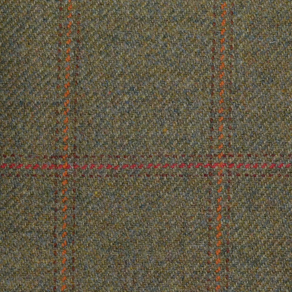 Moss Green with Brown, Amber & Orange Triple Check All Wool Sporting Tweed