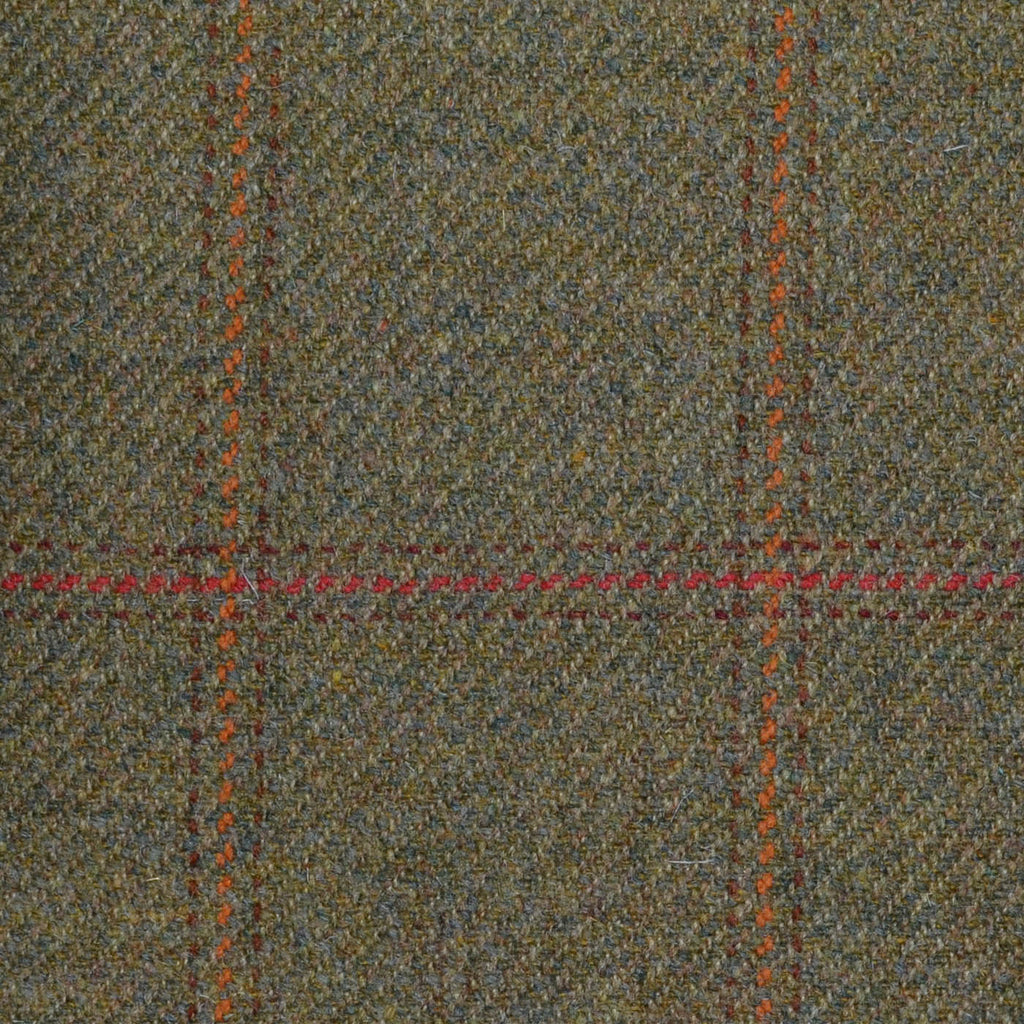 Moss Green with Brown, Amber & Orange Triple Check All Wool Sporting Tweed