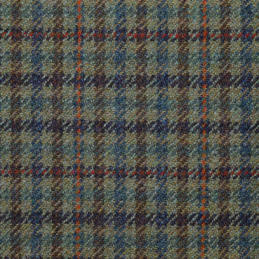 Light Green with Brown, Red, Orange & Brown Check All Wool Sporting Tweed