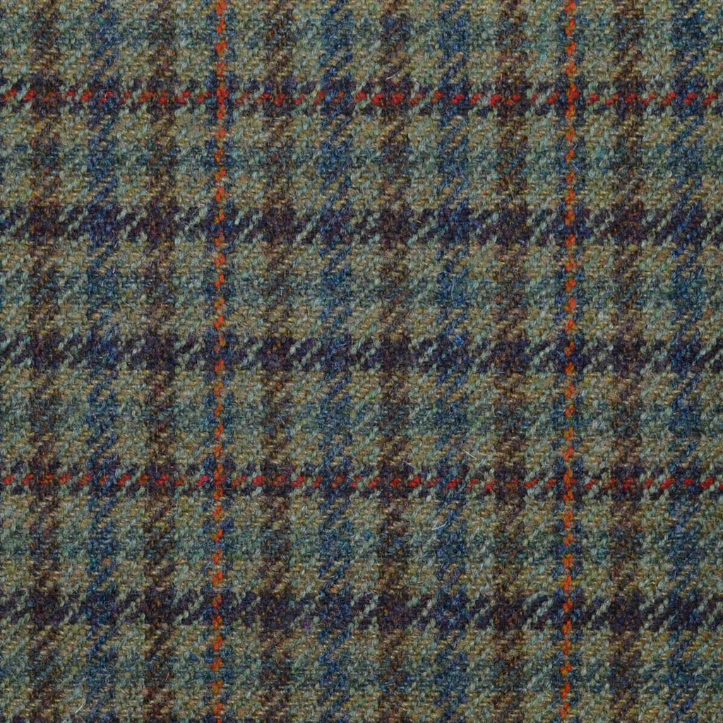 Light Green with Brown, Red, Orange & Brown Check All Wool Sporting Tweed