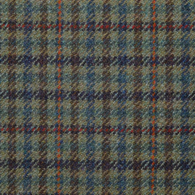 Light Green with Brown, Red, Orange & Brown Check All Wool Sporting Tweed