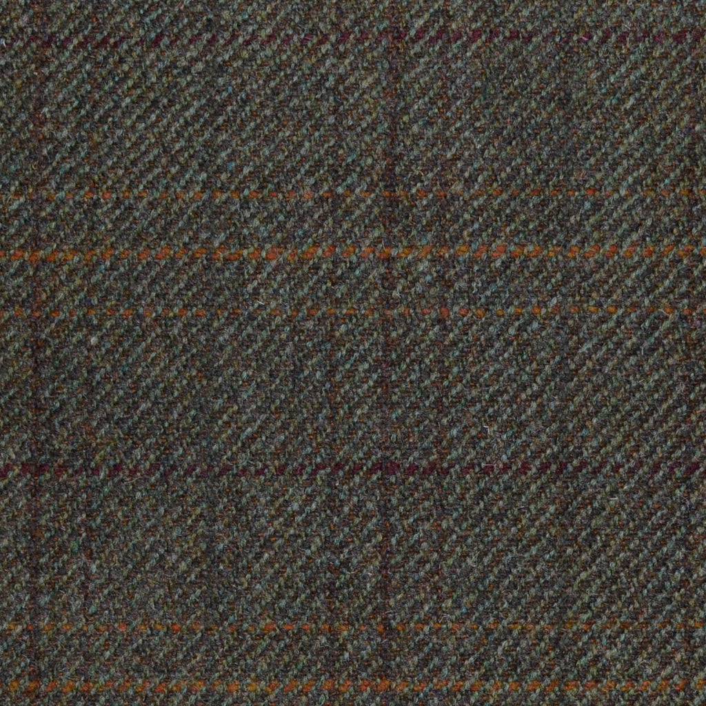 Moss Green/Brown with Orange, Red & Brown Multi Check All Wool Sporting Tweed