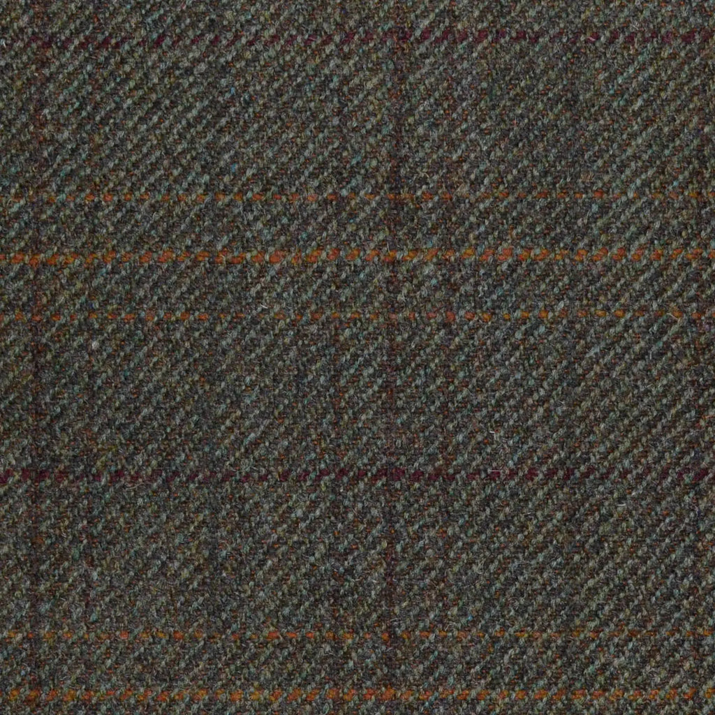 Moss Green/Brown with Orange, Red & Brown Multi Check All Wool Sporting Tweed