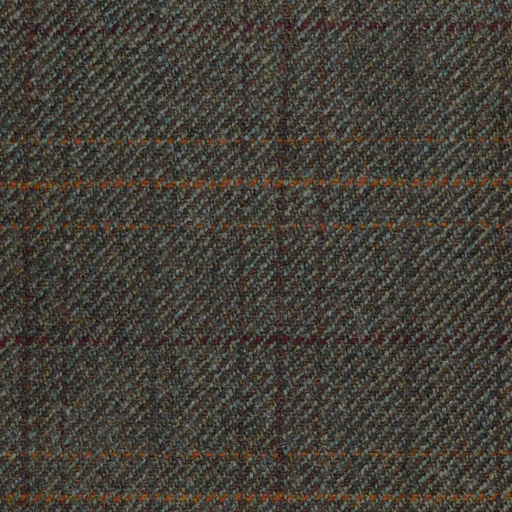 Moss Green/Brown with Orange, Red & Brown Multi Check All Wool Sporting Tweed