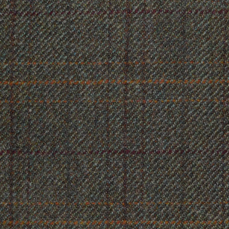 Moss Green/Brown with Orange, Red & Brown Multi Check All Wool Sporting Tweed