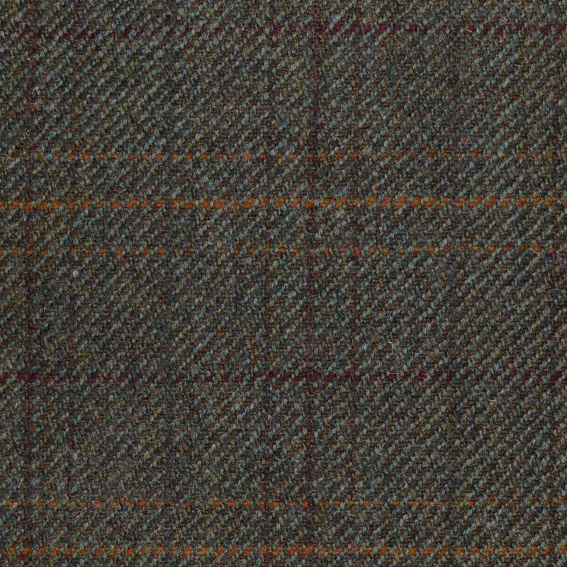 Moss Green/Brown with Orange, Red & Brown Multi Check All Wool Sporting Tweed