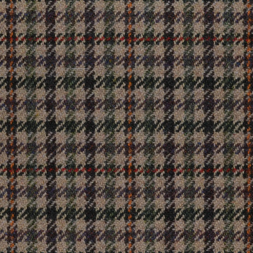 Beige, Green, Brown, Red & Orange Check All Wool Sporting Tweed