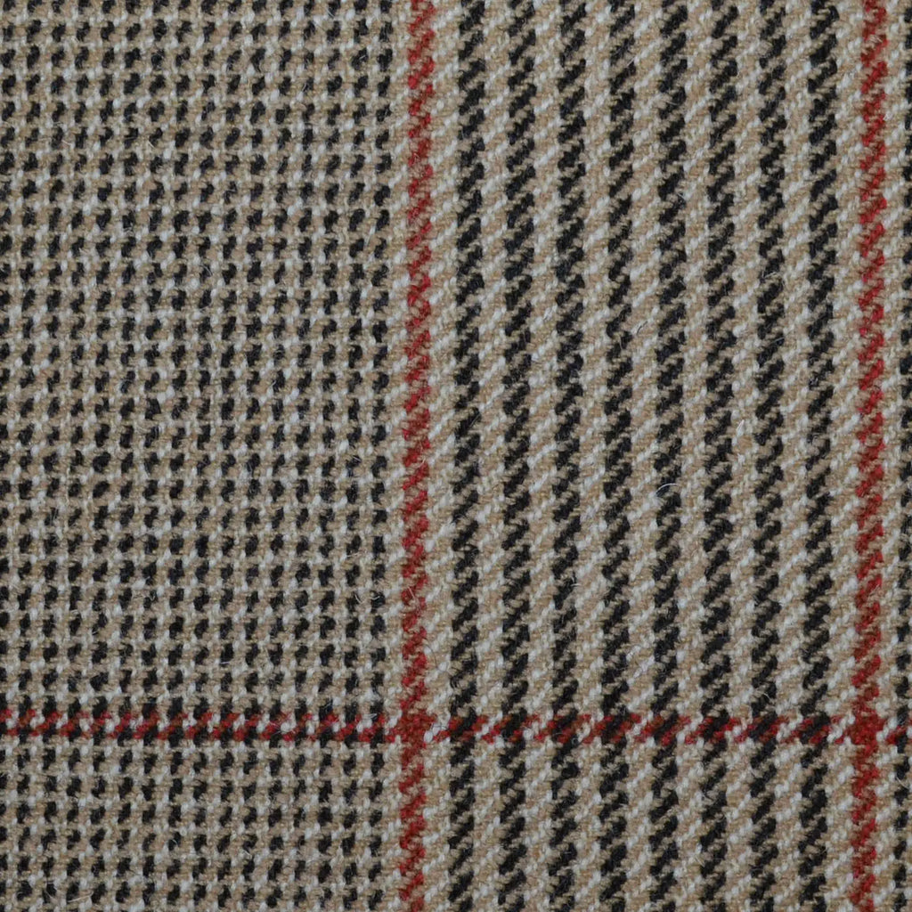 Beige with Dark Brown, Orange & Red Glen Check All Wool Sporting Tweed