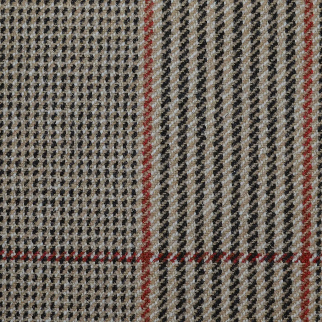 Beige with Dark Brown, Orange & Red Glen Check All Wool Sporting Tweed