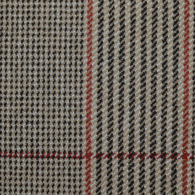 Beige with Dark Brown, Orange & Red Glen Check All Wool Sporting Tweed
