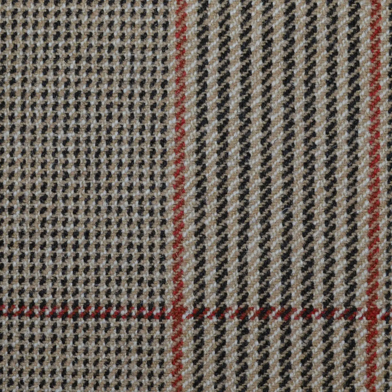 Beige with Dark Brown, Orange & Red Glen Check All Wool Sporting Tweed