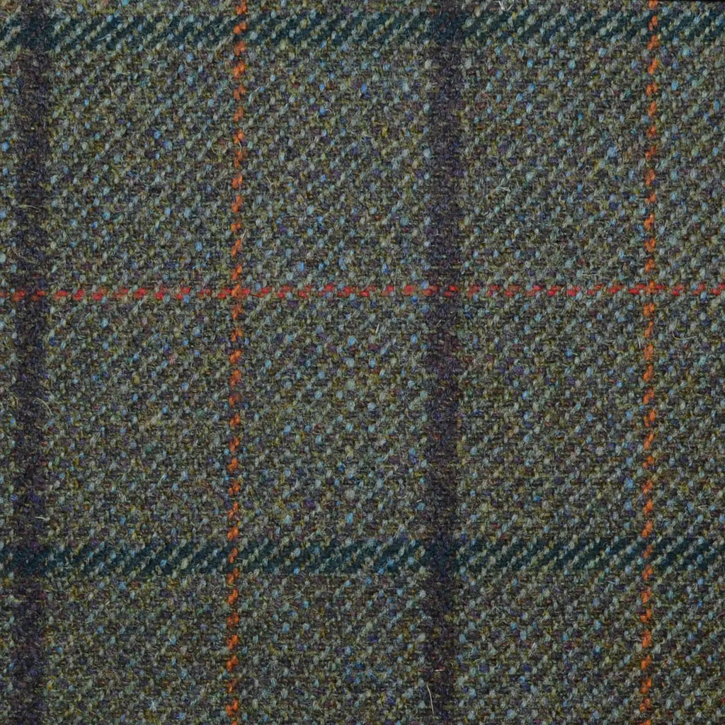 Moss Green with Dark Brown, Red, Bottle Green & Orange Check All Wool Sporting Tweed