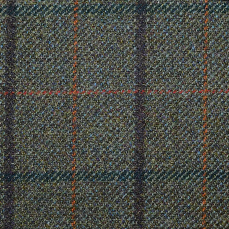 Moss Green with Dark Brown, Red, Bottle Green & Orange Check All Wool Sporting Tweed