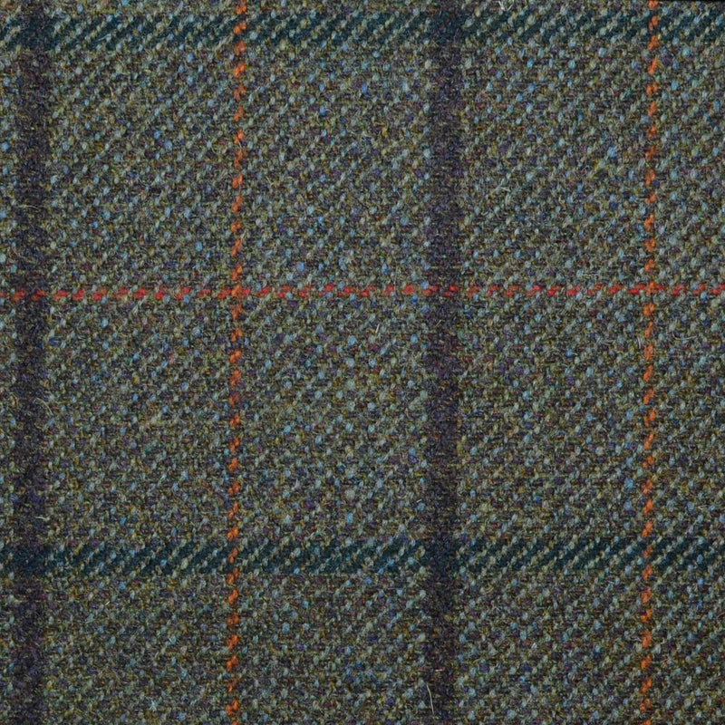Moss Green with Dark Brown, Red, Bottle Green & Orange Check All Wool Sporting Tweed