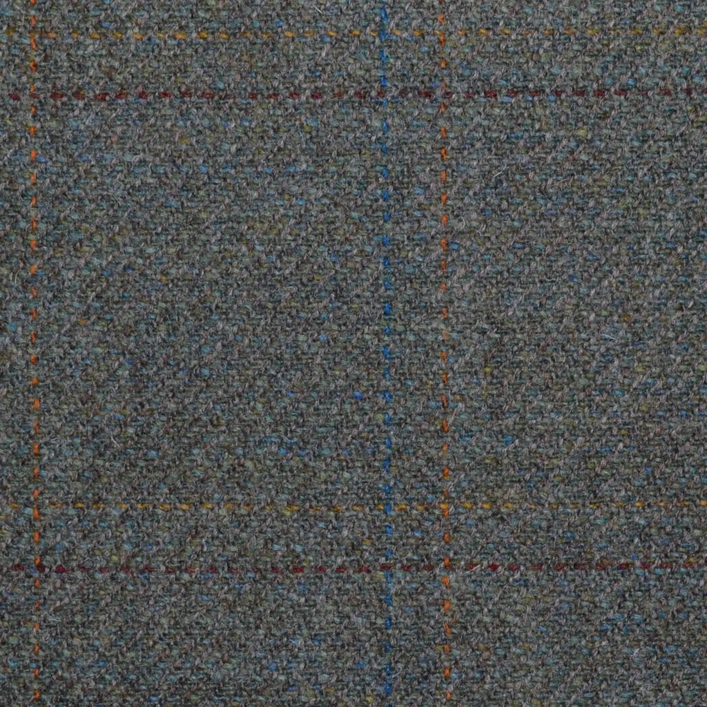 Moss Green with Brown, Orange & Bright Blue Check All Wool Sporting Tweed