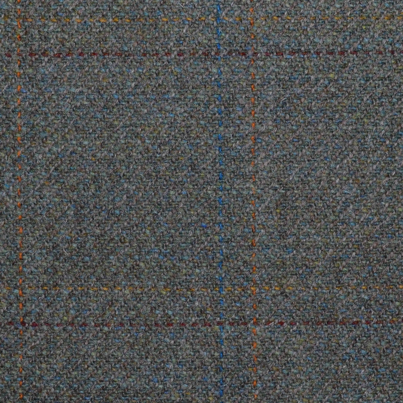 Moss Green with Brown, Orange & Bright Blue Check All Wool Sporting Tweed