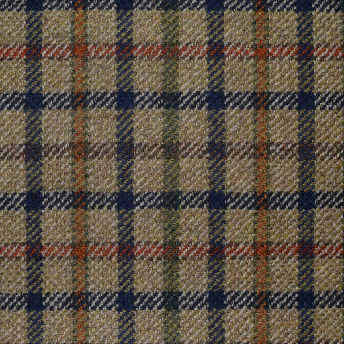 Beige with Navy Blue, Sage and Orange Box Check All Wool Scottish Tweed