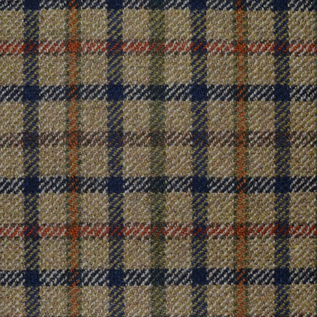 Beige with Navy Blue, Sage and Orange Box Check All Wool Scottish Tweed