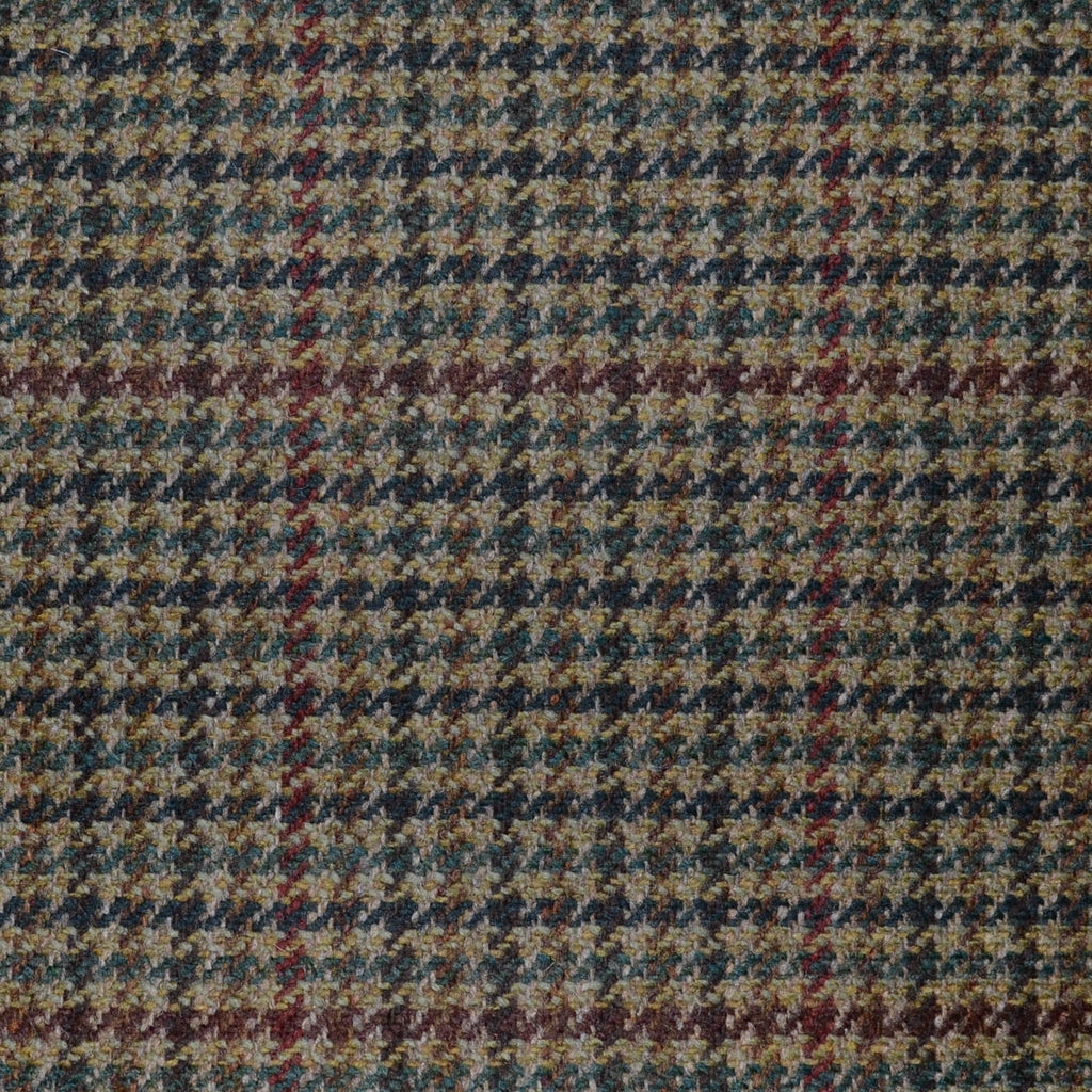 Beige with Green, Navy Blue and Burgundy Dogtooth Check All Wool Scottish Tweed
