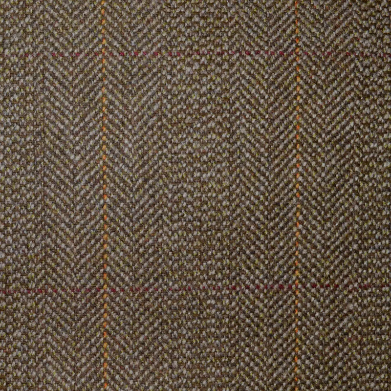 Light Brown Herringbone with Amber and Burgundy Check All Wool Scottish Tweed