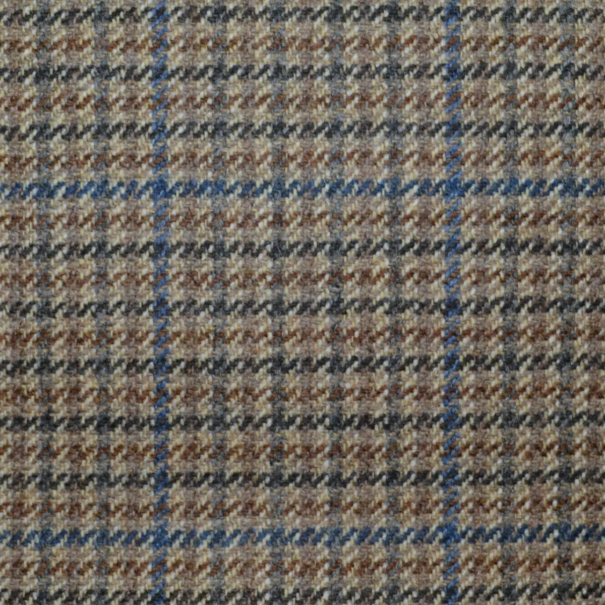 Beige with Light Brown and Blue Small Box Check All Wool Scottish Tweed